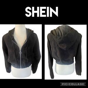 SHEIN Black Cropped Corduroy Hooded Long Sleeve Full Zip Jacket Size Small-NWOT